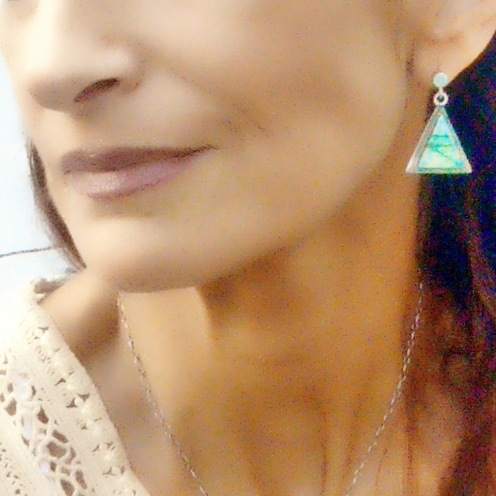 Vintage Sterling Silver & Opal Triangle Earrings - Picture 2 of 7